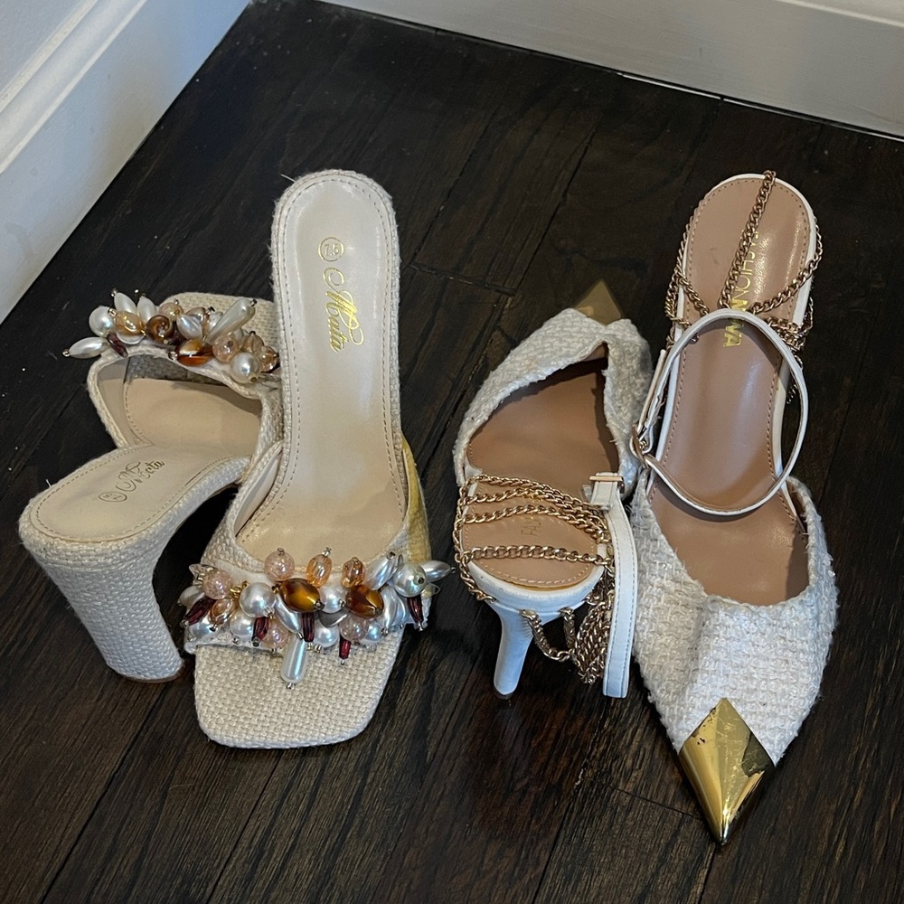 2 Elegant Beige with Gold Accents Heels for $20